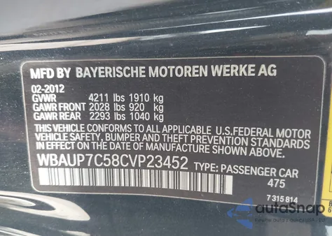 2012 BMW 128I z USA, uszkodzony, nr VIN WBAUP7C58CVP23452